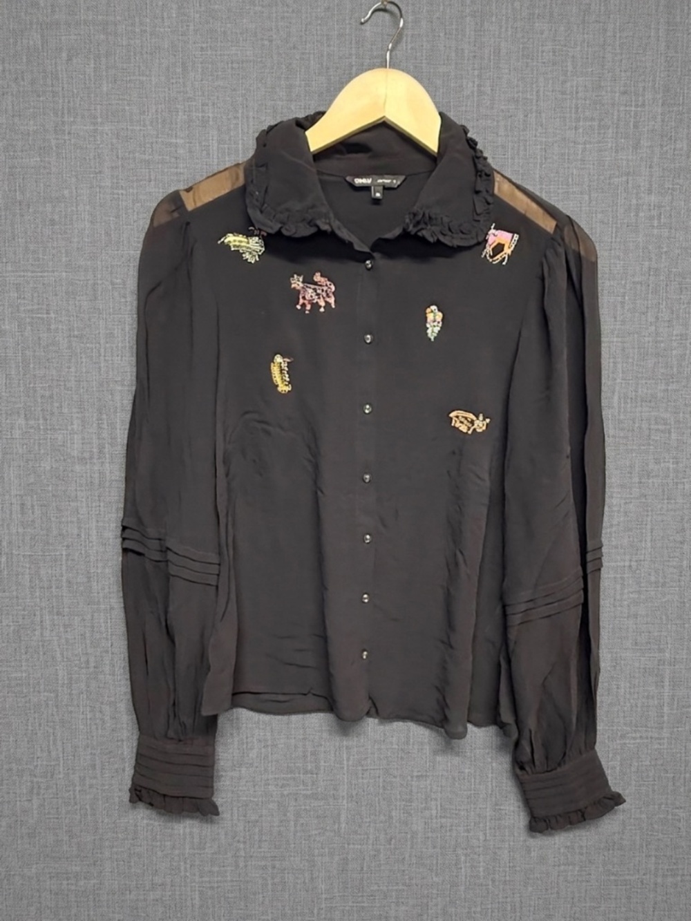 ONLY Black Whimsygoth Blouse Animal Embroidery Ruffle Collar & Cuffs Size S 36